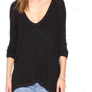 FREE PEOPLE Black Waffle Knit Thermal Top